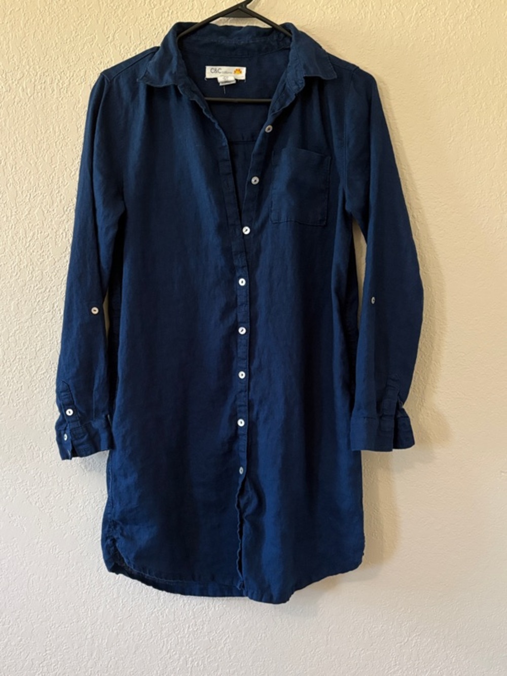C&C California Navy Linen Button-Front dress